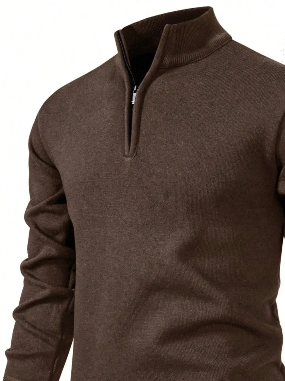 Coffee Brown Casual Men's Stand Collar Quarter Zip Pullover Sweater